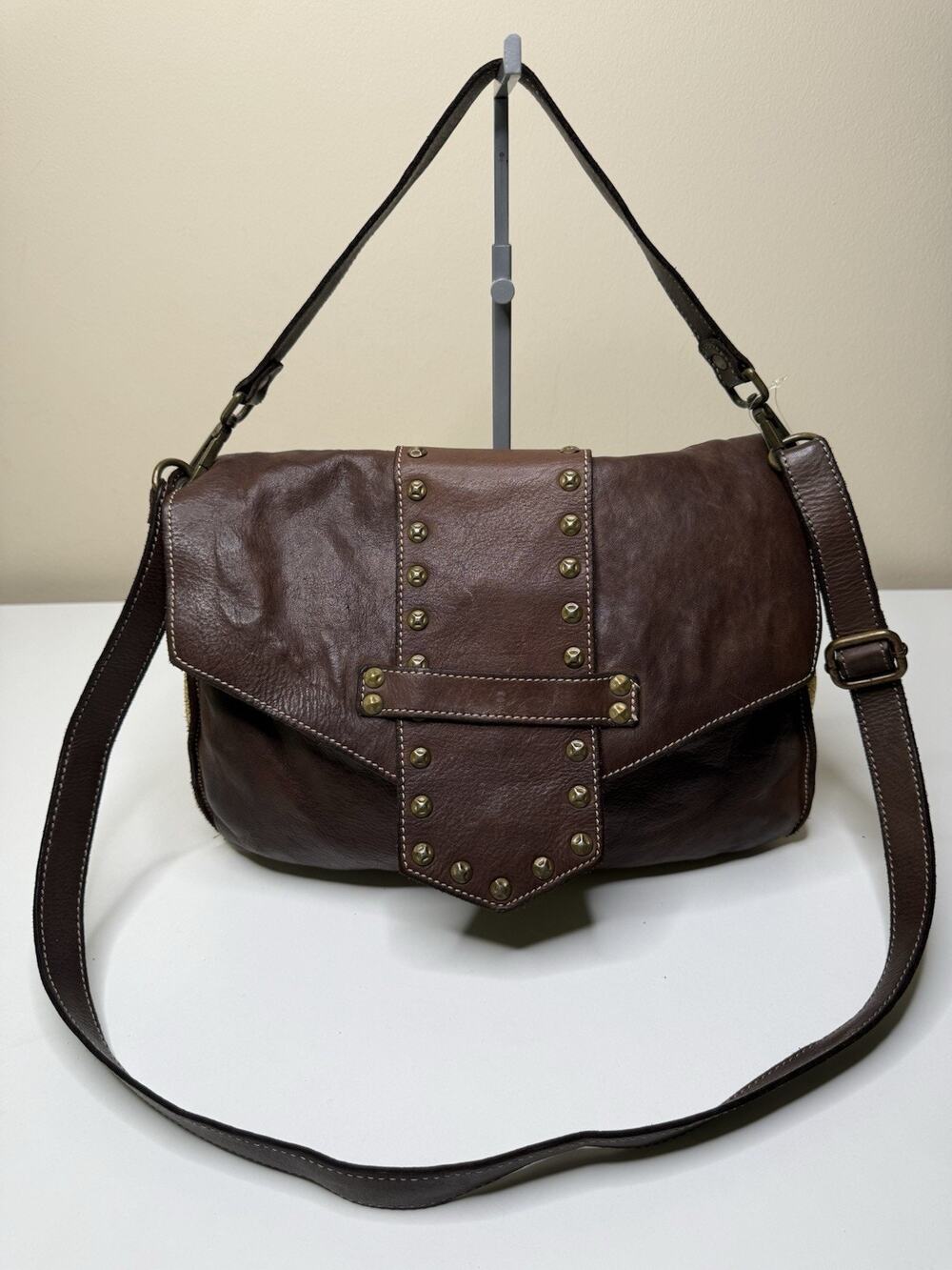 Costanza Rota Convertible Crossbody Brown Italian Leather Studded Shoulder Bag